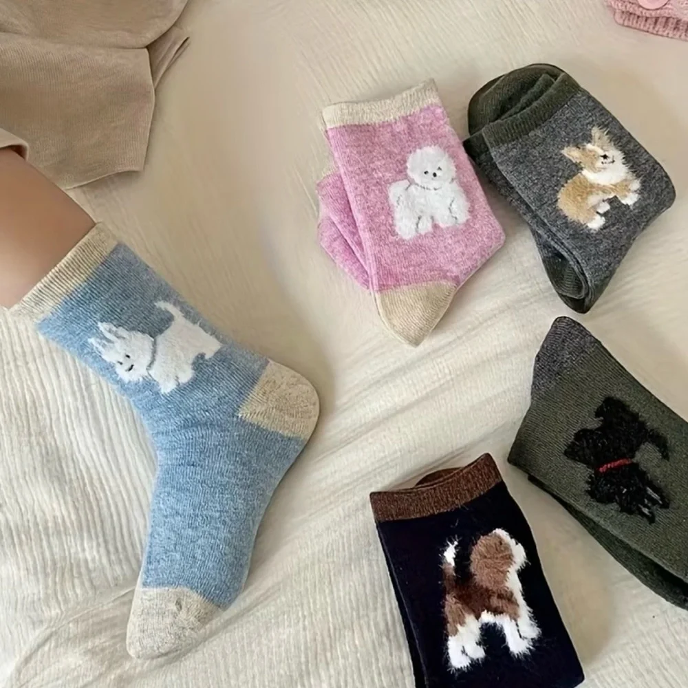 Women’s Socks  & Hosiery 4 Pairs Fuzzy Puppy Pattern Socks Warm Mid Tube Socks